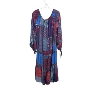 Smarteez Italy 100% Silk Patchwork Off Shoulder Red White and Blue Midi Dress 2